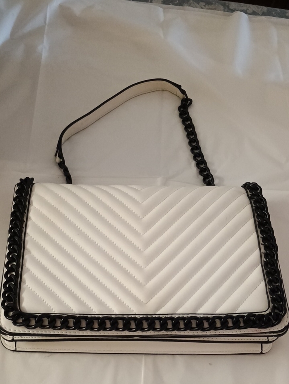 Classic Quilted ALDO brand.White Shoulder Bag with Black Chain Trim